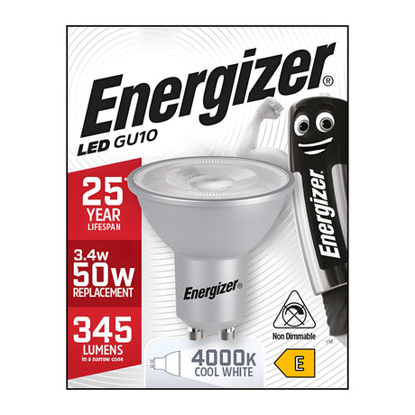 Picture of the Energizer 3.4W GU10 Non-Dimmable LED Bulb in cool white, 4000K packaging. Notable features include a remarkable lifespan of 25 years, replacing traditional 50W bulbs with its efficient 3.4W power consumption, and producing a bright output of 345 lumens. It holds an energy rating E and showcases a cartoon battery character on its packaging.