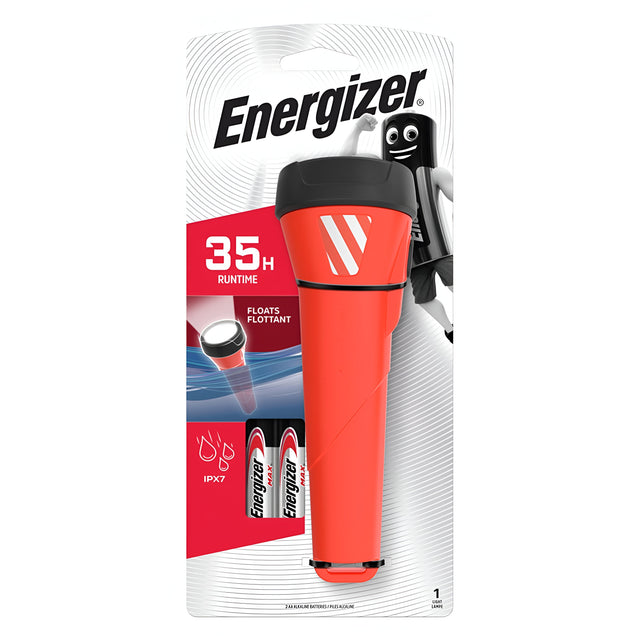 The packaging of the Energizer Waterproof LED Torch 35 Lumen in red emphasizes its robust design and IPX7 waterproof rating. With a runtime of 35 hours and two batteries included, it is ideal for emergency scenarios.