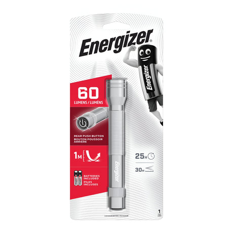 The packaging of the Energizer Metal LED Torch 60 Lumen - Batteries Included highlights its bright illumination with 60 lumens, a 25-hour runtime, and weatherproof durability. It features a beam distance of 30 meters, can withstand drops of up to 1 meter, and comes with batteries along with a convenient rear push button for easy use.