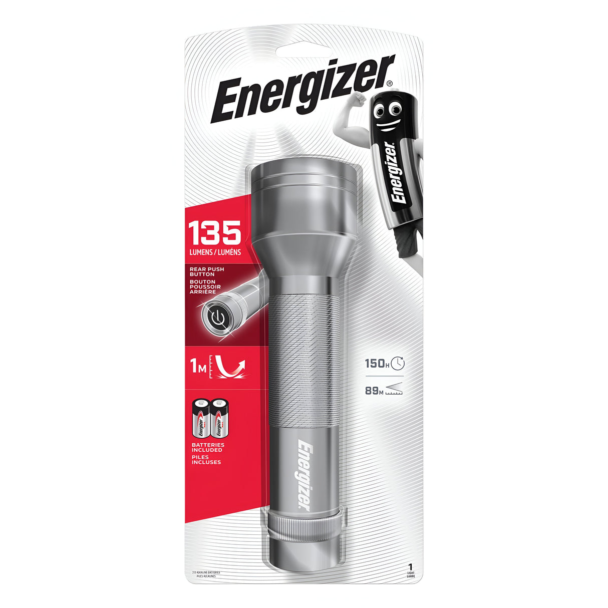 The packaging for the Energizer Metal LED Torch 135 Lumen - Batteries Included showcases the torch's intense brightness and specifies a beam distance of 1 meter. It also emphasizes its impact resistance and notes that two AA batteries are included. An Energizer character is featured in the top right corner.