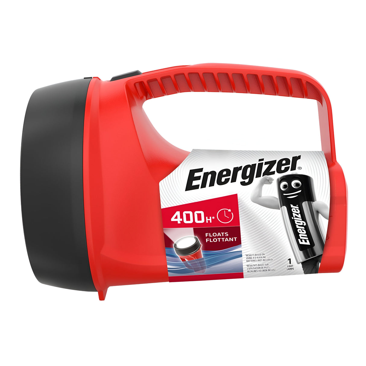 The Energizer LED Lantern 80 Lumen, available in red and black, is ideal for emergency preparedness. It comes with packaging that displays the label 400H and features a smiling battery mascot. This lantern boasts LED technology, a durable handle, and is designed for water resistance.