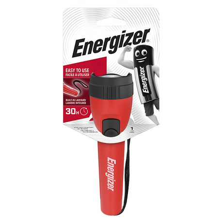 A red Energizer LED Torch 25 Lumen, with packaging that features the iconic Energizer mascot on the top right. The package emphasizes its 30-hour run time and user-friendly design. This compact lighting solution includes a black wrist strap for added convenience.