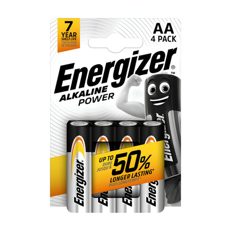 Packaging for Energizer Power AA LR6 Alkaline Batteries (4 Pack) highlights their extended durability—lasting up to 50% longer—and features a 7-year shelf life. A cartoon battery character is illustrated on the right side of the label.