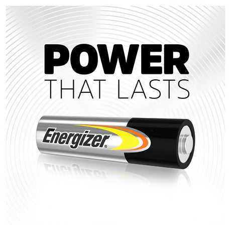 Image of an Energizer Power AA LR6 Alkaline Battery with the slogan "Power That Lasts" above it. The background features subtle concentric circles, enhancing the futuristic and dynamic feel of this long-lasting performance design.