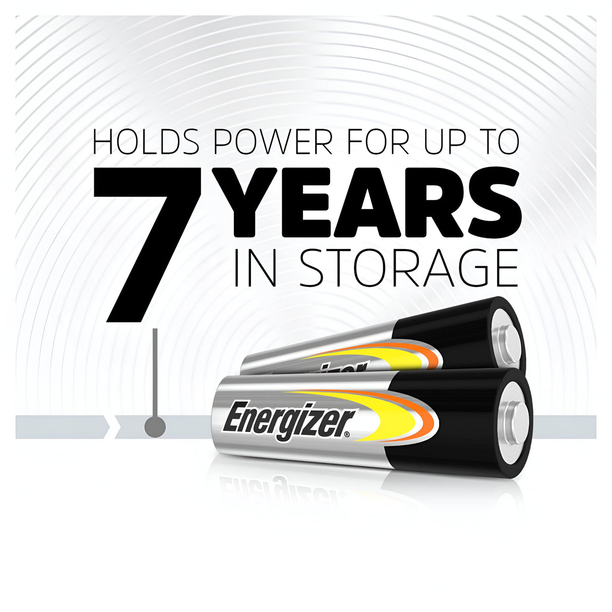 Image of four Energizer Power AA LR6 Alkaline Batteries, featuring a design and text that reads "Holds power for up to 7 years in storage." The background showcases a circular gradient pattern, emphasizing their long-lasting performance.