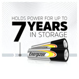 Image of four Energizer Power AA LR6 Alkaline Batteries, featuring a design and text that reads "Holds power for up to 7 years in storage." The background showcases a circular gradient pattern, emphasizing their long-lasting performance.