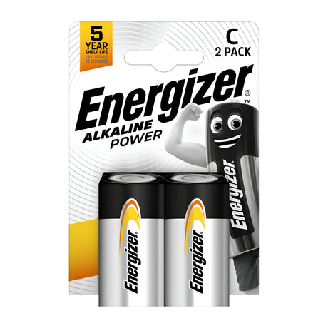 Packaging of the Energizer Power C LR14 Alkaline Batteries (2 Pack) highlights two durable batteries. The package displays a cartoon battery character with a cheerful expression and flexed arm, emphasizing its leak-resistant design and promoting a 5-year shelf life.