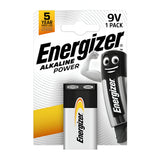 The packaging of the Energizer 9V PP3 Alkaline Power Battery (1 Pack) features a smiling battery character with arms. It's perfect for emergency preparedness, emphasizing its long-lasting power and providing details about its 5-year shelf life.