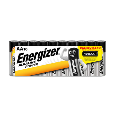 The Energizer Power AA LR6 Alkaline Batteries (10 Pack) deliver dependable performance for all your household needs. The packaging features the iconic Energizer logo accompanied by a character on the right, keeping you powered up and ready to go.