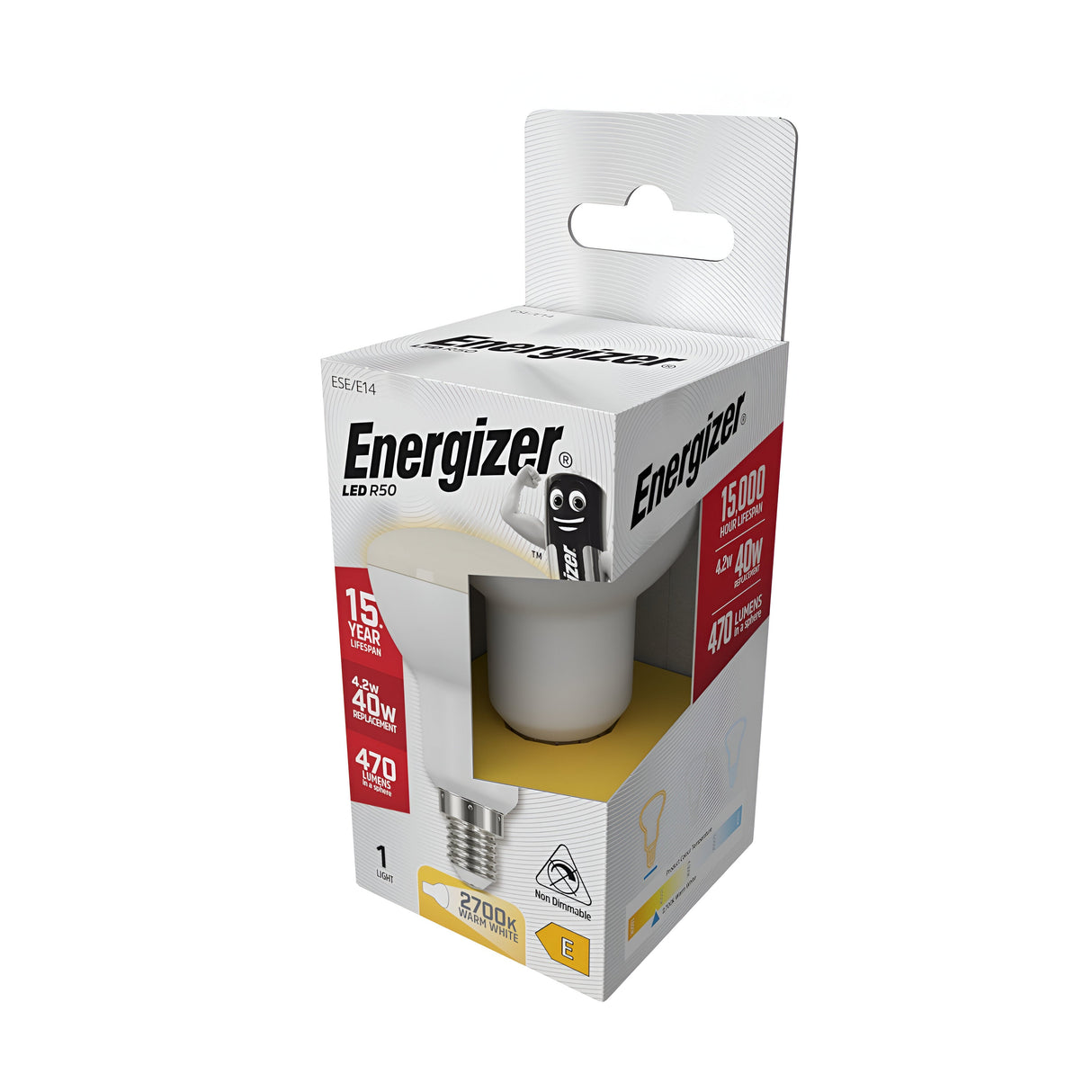 A package of Energizer 4.2W Non-Dimmable R50 LED Reflector Bulbs offers energy-efficient lighting, delivering warm white light at 2700K with a brightness of 470 lumens while using only 4.2W (comparable to a traditional 40W bulb). Experience up to 15,000 hours of illumination, presented in packaging that prominently features the distinctive Energizer branding and design.