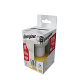 The packaging for the Energizer 7.3W Non-Dimmable R63 LED Reflector Bulb showcases its warm white, 2700K lighting, equivalent to a 60W bulb with an output of 806 lumens. Experience energy-efficient illumination with a lifespan of up to 15,000 hours. The box also features a cartoon battery character next to energy labels for easy reference.