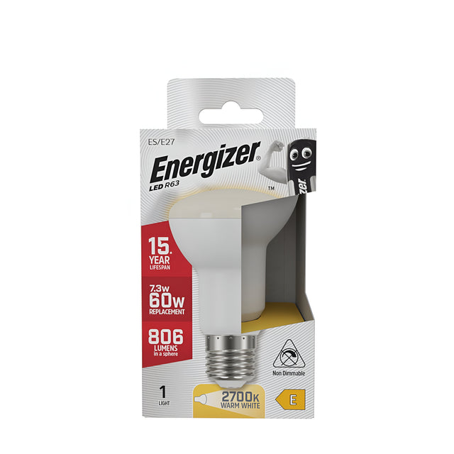 Box of Energizer E27 LED bulb, showcasing a white bulb visible through a cutout. The packaging emphasizes energy-efficient lighting with a 15-year lifespan, equivalent to 60W using just 7.3W, providing 806 lumens and warm white light at 2700K, labeled as non-dimmable.