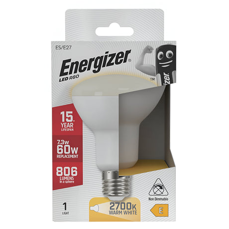 An Energizer 7.3W Non-Dimmable R80 LED Reflector Bulb in warm white with a 2700K color temperature is packaged as an energy-efficient option. It offers a lifespan of up to 15 years, serves as a replacement for a traditional 60W bulb by delivering 806 lumens, and has its sleek design partially visible through the open box.