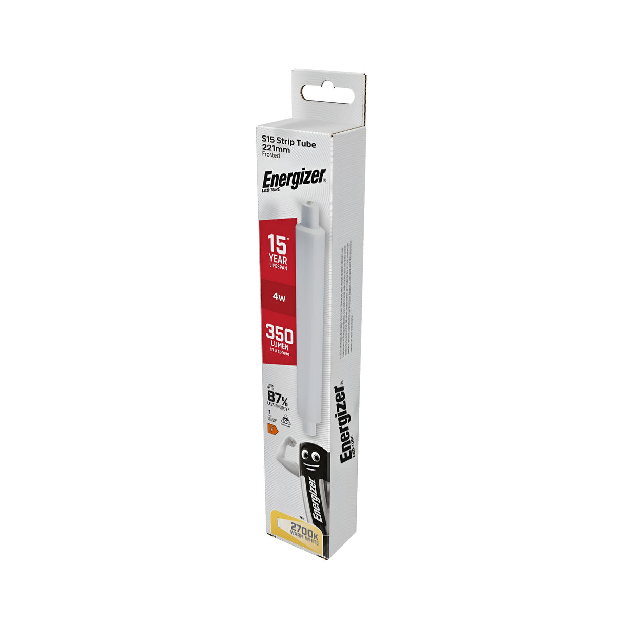The Energizer 4W S15 LED Strip Tube - Warm White, 2700K provides energy-efficient lighting with a length of 221mm and power of 4W. It emits 350 lumens of warm white light at 2700K, offering an impressive lifespan of up to 15 years and achieving up to 87% in energy savings.