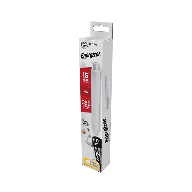 The Energizer 4W S15 LED Strip Tube - Warm White, 2700K provides energy-efficient lighting with a length of 221mm and power of 4W. It emits 350 lumens of warm white light at 2700K, offering an impressive lifespan of up to 15 years and achieving up to 87% in energy savings.