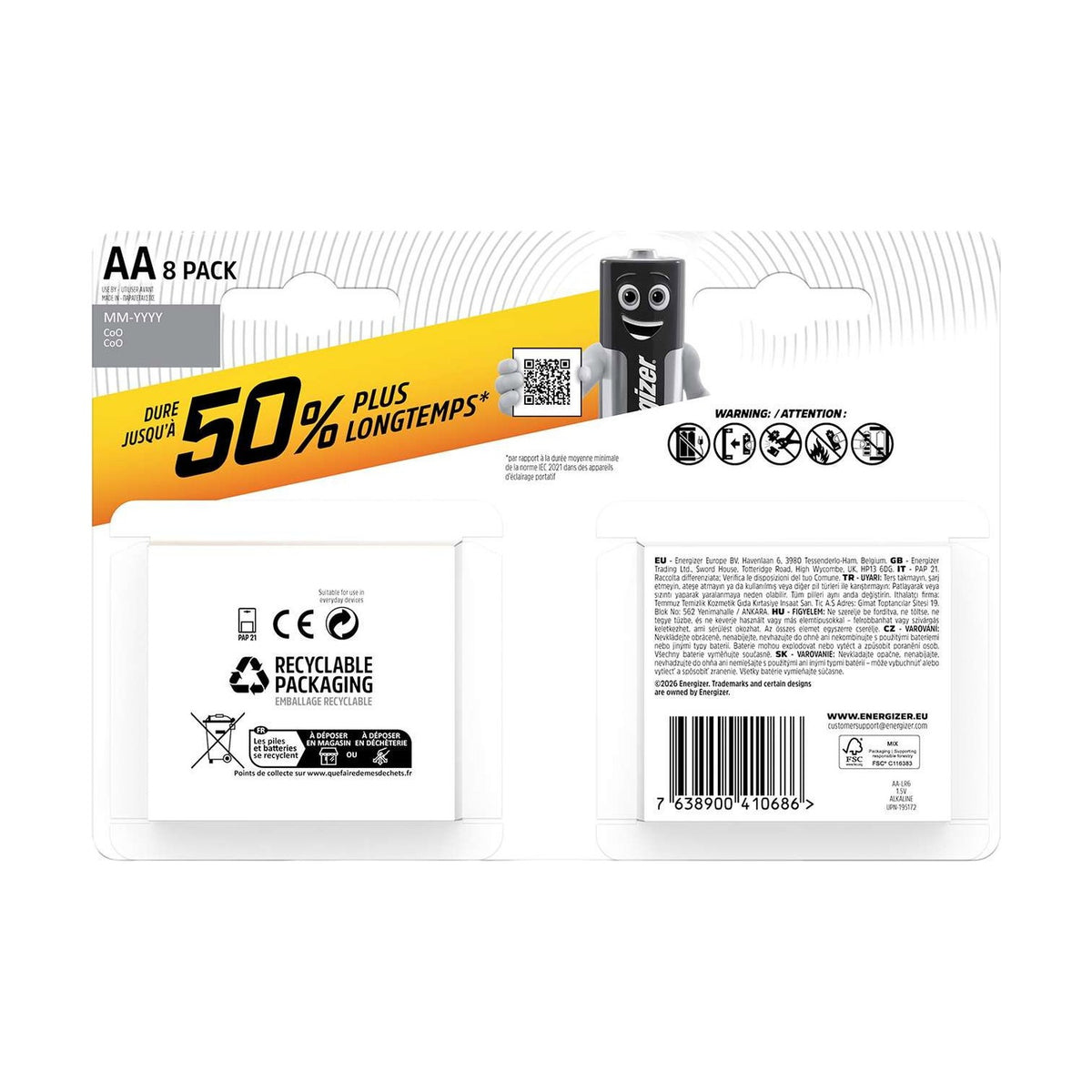 Energizer AA Alkaline Power Batteries (LR6) - 8 Pack retail pack