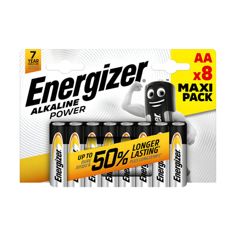 Introducing the Energizer Power AA LR6 Alkaline Batteries (8 Pack), famously known as the Maxi Pack, promising up to 50% longer-lasting performance. The distinctive Energizer battery character is depicted flexing a bicep in the backdrop.