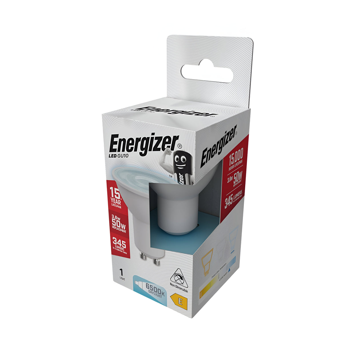 A package of the Energizer 3.6W GU10 Non-Dimmable LED Bulb in white and blue promotes energy-efficient lighting, boasting key features such as a 15,000-hour lifespan, 50W equivalency, 345 lumens output, and a daylight brightness of 6500K. The packaging prominently features an image of the bulb alongside the Energizer logo.