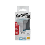 The Energizer 3.6W GU10 Non-Dimmable LED Bulb packaging highlights a lifespan of 15 years and energy-efficient lighting. This bulb, using only 3.6W, provides the equivalent brightness of a traditional 50W bulb with an output of 345 lumens at a daylight warmth of 6500K. It is packaged in a white and gray box featuring blue accents and an animated mascot design.