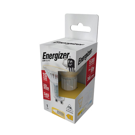 The packaging of the energy-efficient Energizer 3.6W GU10 Non-Dimmable LED Bulb in Warm White, 3000K displays notable features such as a lifespan of 15,000 hours, warm white light equivalent to 50W, and a brightness of 345 lumens. The box is mainly white with yellow accents and features an image of the product on the front.