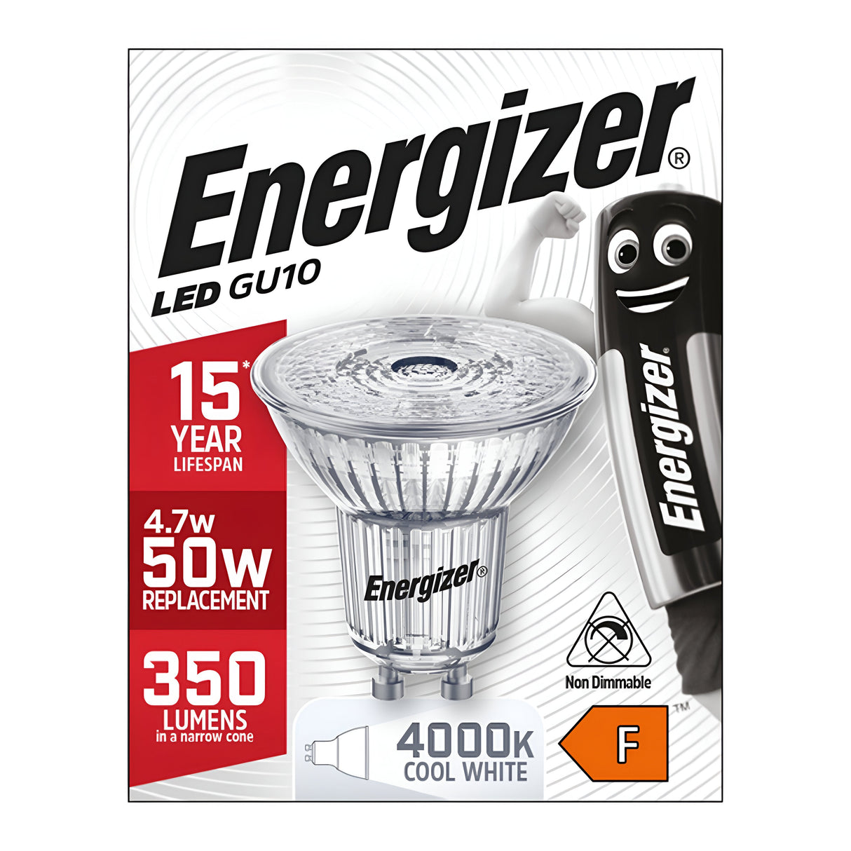 The packaging of the Energizer 4.7W GU10 Non-Dimmable LED Bulb - Cold White, 4000K highlights its impressive 15-year lifespan and efficient 4.7W power usage as a replacement for a standard 50W bulb. It delivers 350 lumens of vibrant cool white light, has an F energy rating, and features a playful animated battery character.