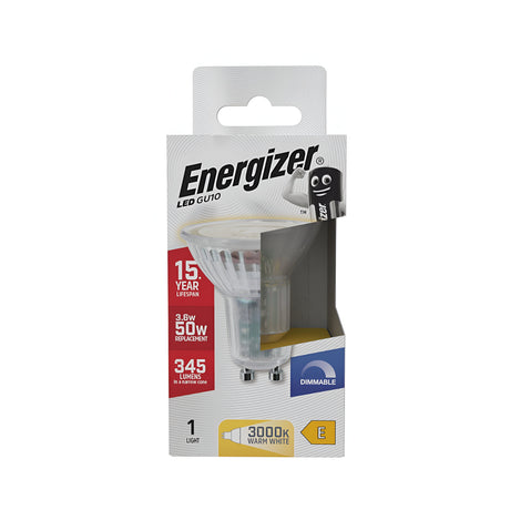 Image of the Energizer 3.6W GU10 Dimmable LED Bulb Clear in retail packaging, featuring a 15-year lifespan, 345 lumens of warm white light at 3000K, and energy-efficient lighting that replaces a 50W bulb. The white packaging prominently displays product details.