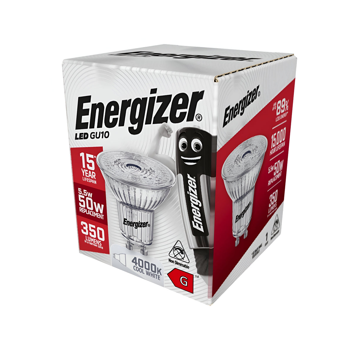 The Energizer 5.5W GU10 Dimmable LED Bulb - Cold White, 4000K packaging emphasizes its energy efficiency, boasting features like a 15-year lifespan and a cool white 4000K color. With an output equivalent to a traditional 50W bulb, this dimmable LED provides 350 lumens and prominently showcases potential energy savings on the box.