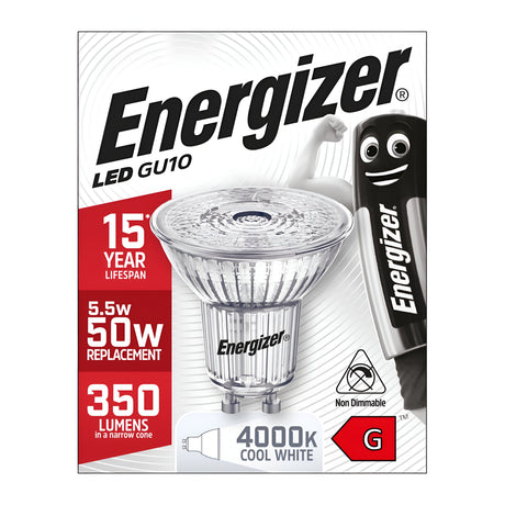 The image showcases the packaging for an Energizer 5.5W GU10 dimmable LED bulb. Designed with energy efficiency in mind, this model replaces a 50W bulb, delivers 350 lumens, and emits a cool white light at 4000K. It boasts a lifespan of up to 15 years and features a cartoon battery character on the box.