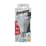 The packaging for the Energizer 7.3W Non-Dimmable LED GLS Bulb - Daylight, B22, 6500K highlights features such as a 15-year lifespan, an output of 806 lumens, and energy-efficient performance equivalent to a traditional 60W bulb while using only 7.3W of power. It has a daylight color temperature of 6500K and is non-dimmable.