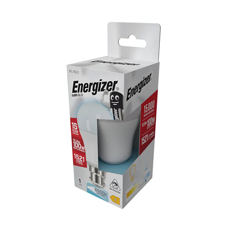 The Energizer 12.6W Non-Dimmable LED GLS Bulb - Daylight, B22, 6500K delivers high-performance lighting accompanied by the iconic Energizer mascot on its packaging. It highlights energy efficiency with a lifespan of 15,000 hours, offering brightness equivalent to a 100W bulb and a crisp daylight color temperature of 6500K.