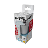 Packaging of an Energizer 12.6W Non-Dimmable LED GLS Bulb. The box highlights energy efficiency and features such as a 15,000-hour lifespan, equivalent brightness to 100W, offering 1521 lumens, and emits a warm white light at 6500K. A cheerful battery mascot is depicted on the top.