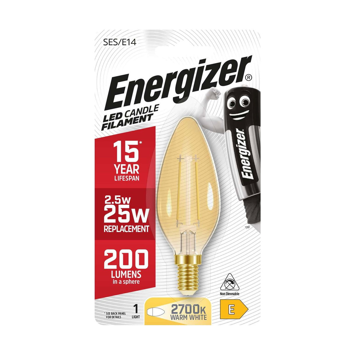 E14 (SES) LED Filament Candle Bulb 2.5W 200lm - Warm White 1950K