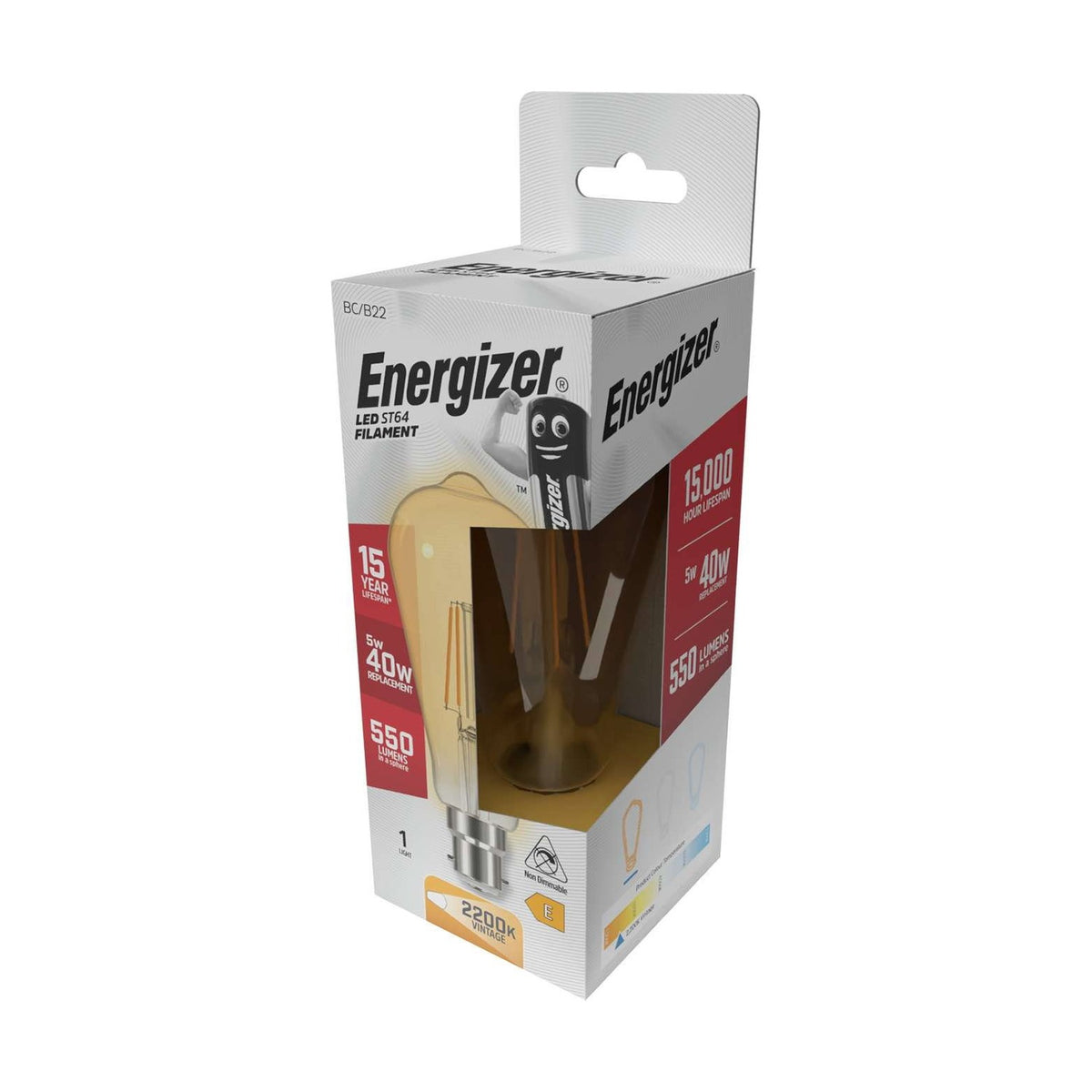 B22 (BC) LED ST64 Bulb 5W 550lm Non-Dimmable - Warm White 2200K retail pack