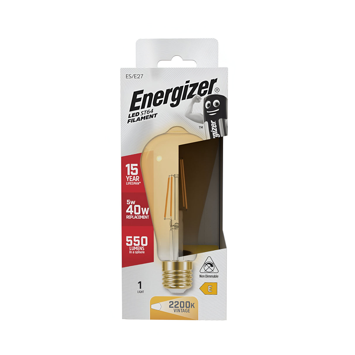 The packaging of the Energizer 5W Non-Dimmable ST64 LED Gold Filament Bulb - Warm White, E27, highlights its vintage-inspired design, warm white 2200K color temperature, brightness of 550 lumens, and energy efficiency with only 5W power usage. This LED bulb offers a long lifespan of up to 15 years and is an efficient replacement for a traditional 40W bulb.