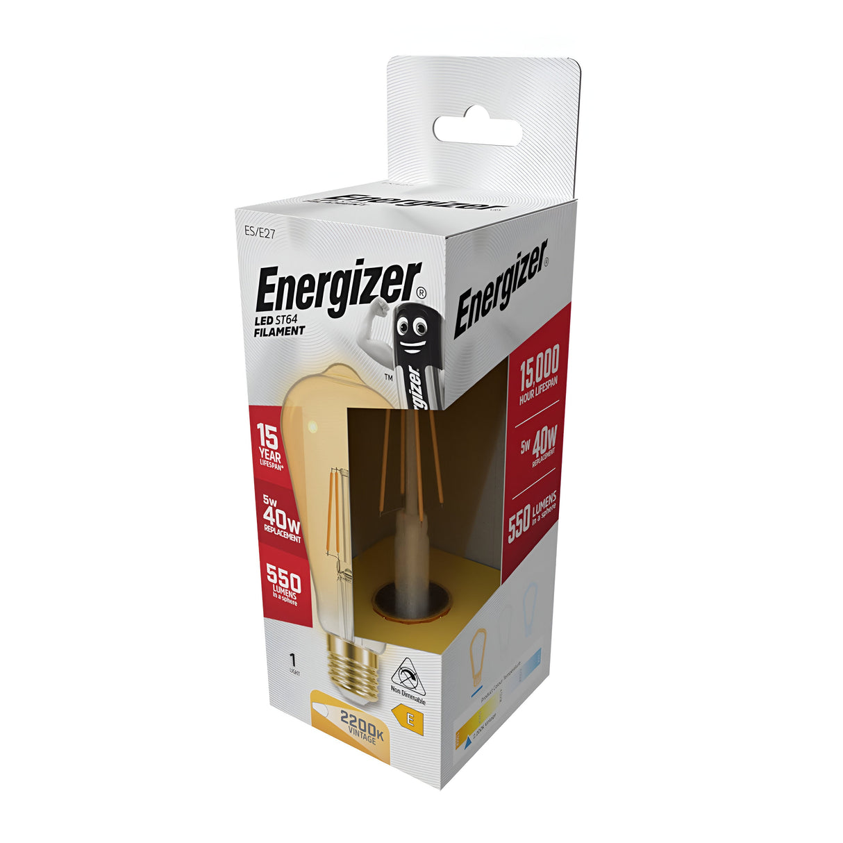 The Energizer 5W Non-Dimmable ST64 LED Gold Filament Bulb is packaged in a white box with black, red, and gold accents that highlight its vintage-inspired design. The packaging details key specifications such as a 15-year lifespan, 550 lumens brightness, 5W power consumption, and E27 base compatibility. An image of the bulb inside showcases its energy efficiency.