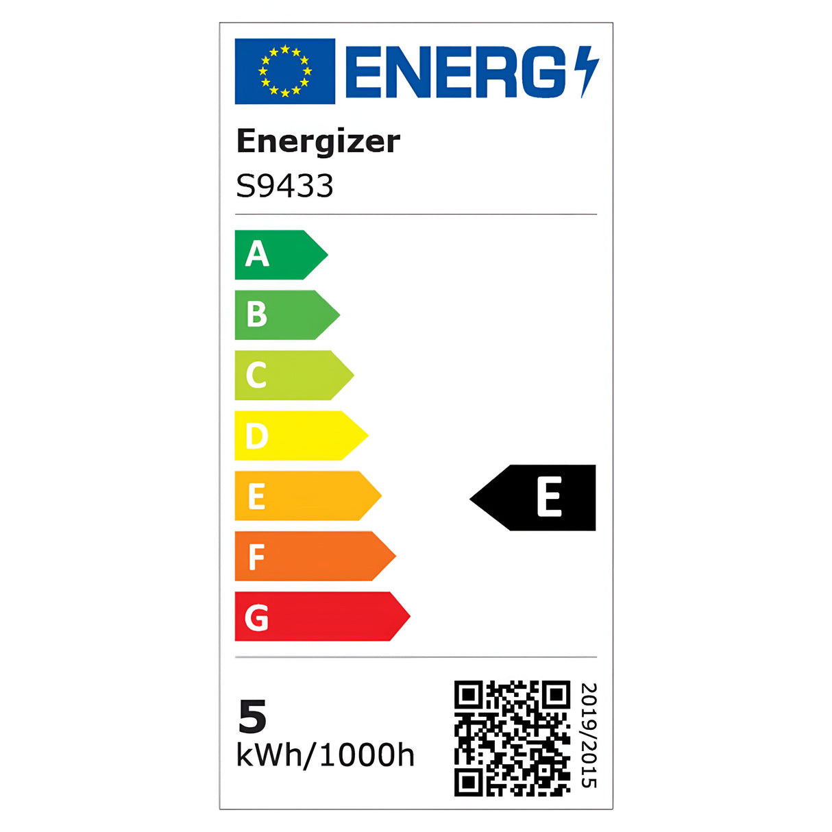 The EU energy label for the Energizer 5W Non-Dimmable ST64 LED Gold Filament Bulb - Warm White, with an E27 base and a vintage-inspired design, is rated E on a scale from A to G. It consumes 5 kWh/1000h of energy. Additionally, a QR code and reference number 2019/2015 are displayed, emphasizing its energy efficiency.