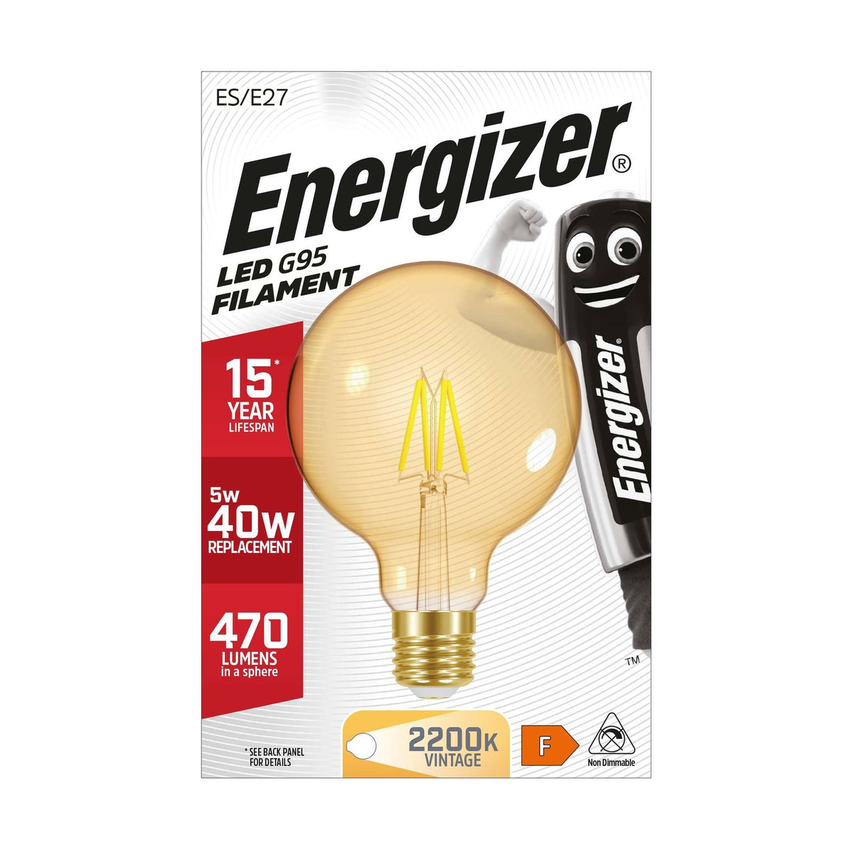 E27 (ES) LED Filament G95 Bulb 5W 550lm - Warm White 2200K retail pack