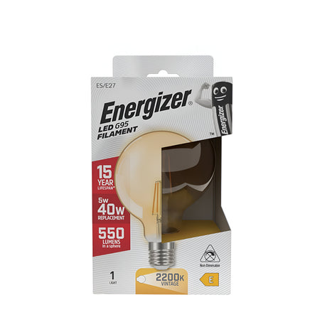 The packaging of the Energizer 5W G95 Non-Dimmable LED Globe Gold Filament Bulb features a gold filament design with a vintage glow at 2200K. It replaces a traditional 40W bulb with only 5W consumption and provides an output of 550 lumens. The energy-efficient icons emphasize its impressive lifespan, promising to last up to 15 years.