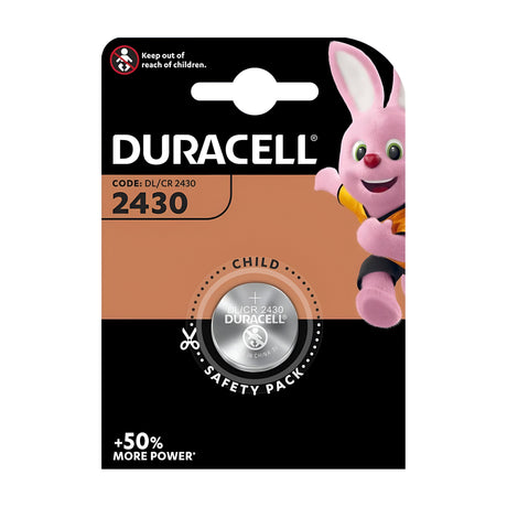 The packaging for the Duracell CR2430 Lithium Coin Cell Batteries (1 Pack) features a child-safe design. It includes a pink bunny illustration in the top right corner and a warning to keep out of reach of children, making it ideal for use in small electronics.