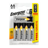 The Energizer Power AA LR6 Alkaline Batteries (4+1 Pack) set offers five batteries, with one marked as FREE. This package is perfect for high-drain devices and highlights Long Lasting Power with its stylish design in black, silver, red, and orange accents.