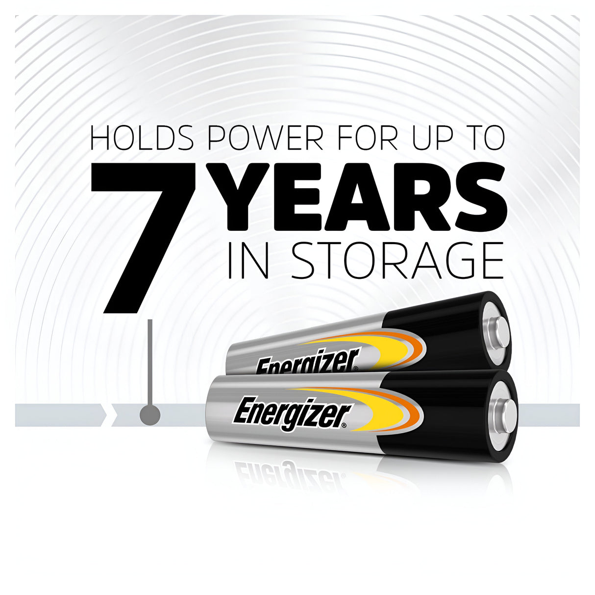 Image of two Energizer Power AAA LR03 Alkaline Batteries positioned horizontally, accompanied by text stating, Holds power for up to 7 years in storage. Boasting a leak-resistant design, the background displays a subtle circular pattern emphasizing their long-lasting energy.