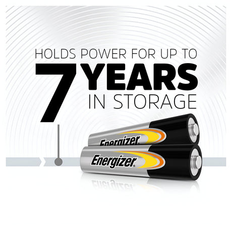 Image of two Energizer Power AAA LR03 Alkaline Batteries positioned horizontally, accompanied by text stating, Holds power for up to 7 years in storage. Boasting a leak-resistant design, the background displays a subtle circular pattern emphasizing their long-lasting energy.