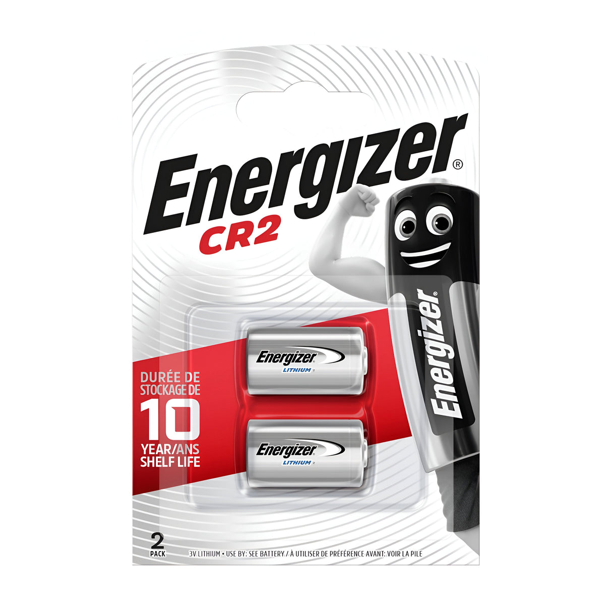 The Energizer CR2 Lithium Battery (2 Pack) is perfect for digital cameras and professional flash units. The packaging, featuring the iconic Energizer mascot, emphasizes a 10-year shelf life with its white, red, and black design.