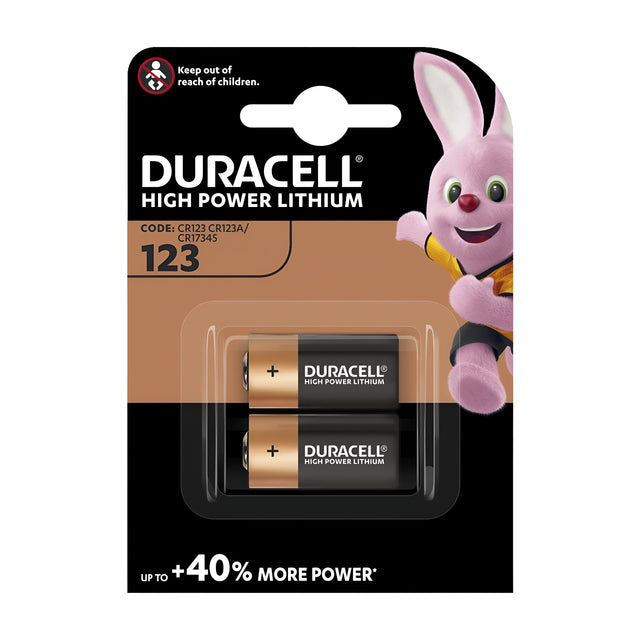 The image displays the packaging for Duracell CR123 Lithium Batteries (2 Pack), highlighting the lively pink bunny mascot. Perfect for high-drain devices, this two-pack offers enhanced power and features a child safety warning for added peace of mind.