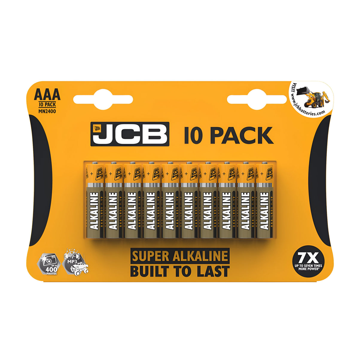 A package of JCB AAA LR03 Super Alkaline Batteries (10 Pack) features yellow and black packaging with the claims "Super Alkaline Built to Last" and "7x More Power," guaranteeing extended shelf life for your devices.