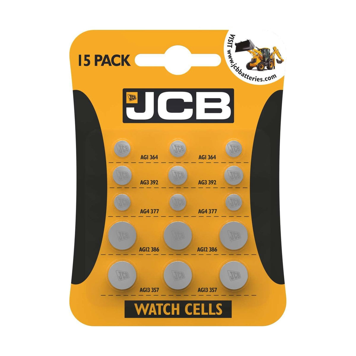 JCB Mixed Coin Cell Batteries (AG1/AG3/AG4/AG12/AG13) - 15 Pack retail pack