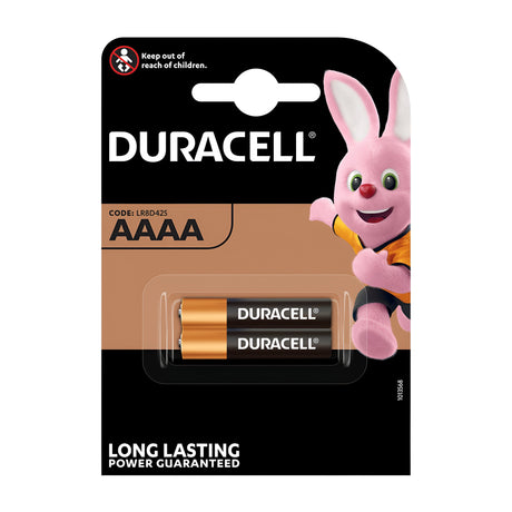 The packaging of the Duracell Ultra AAAA LR61 Alkaline Batteries (2 Pack) features two high-performance batteries with the famous pink bunny mascot. The label confidently declares "Long Lasting Power Guaranteed" and advises keeping them away from children, making them perfect for compact electronic devices.