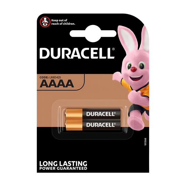 The packaging of the Duracell Ultra AAAA LR61 Alkaline Batteries (2 Pack) features two high-performance batteries with the famous pink bunny mascot. The label confidently declares "Long Lasting Power Guaranteed" and advises keeping them away from children, making them perfect for compact electronic devices.