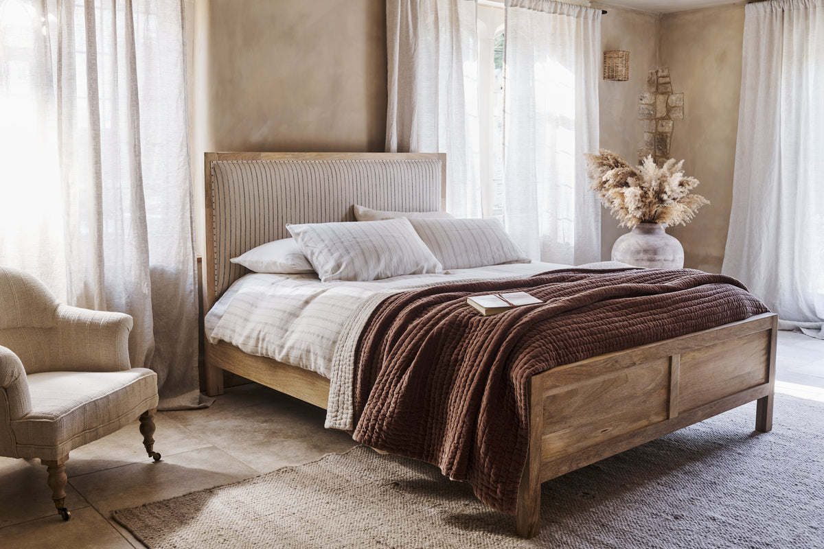 Sanja Double Stripe Upholstered Bed Frame - Natural