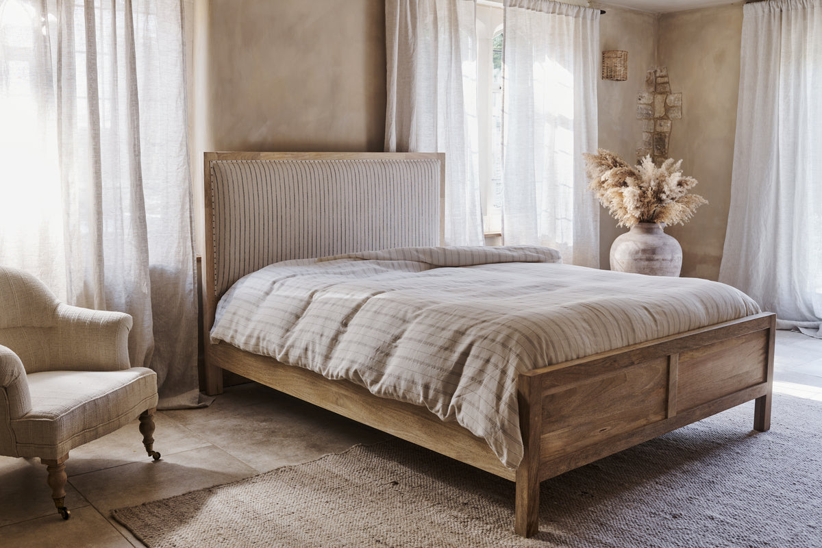 Sanja Double Stripe Upholstered Bed Frame - Natural
